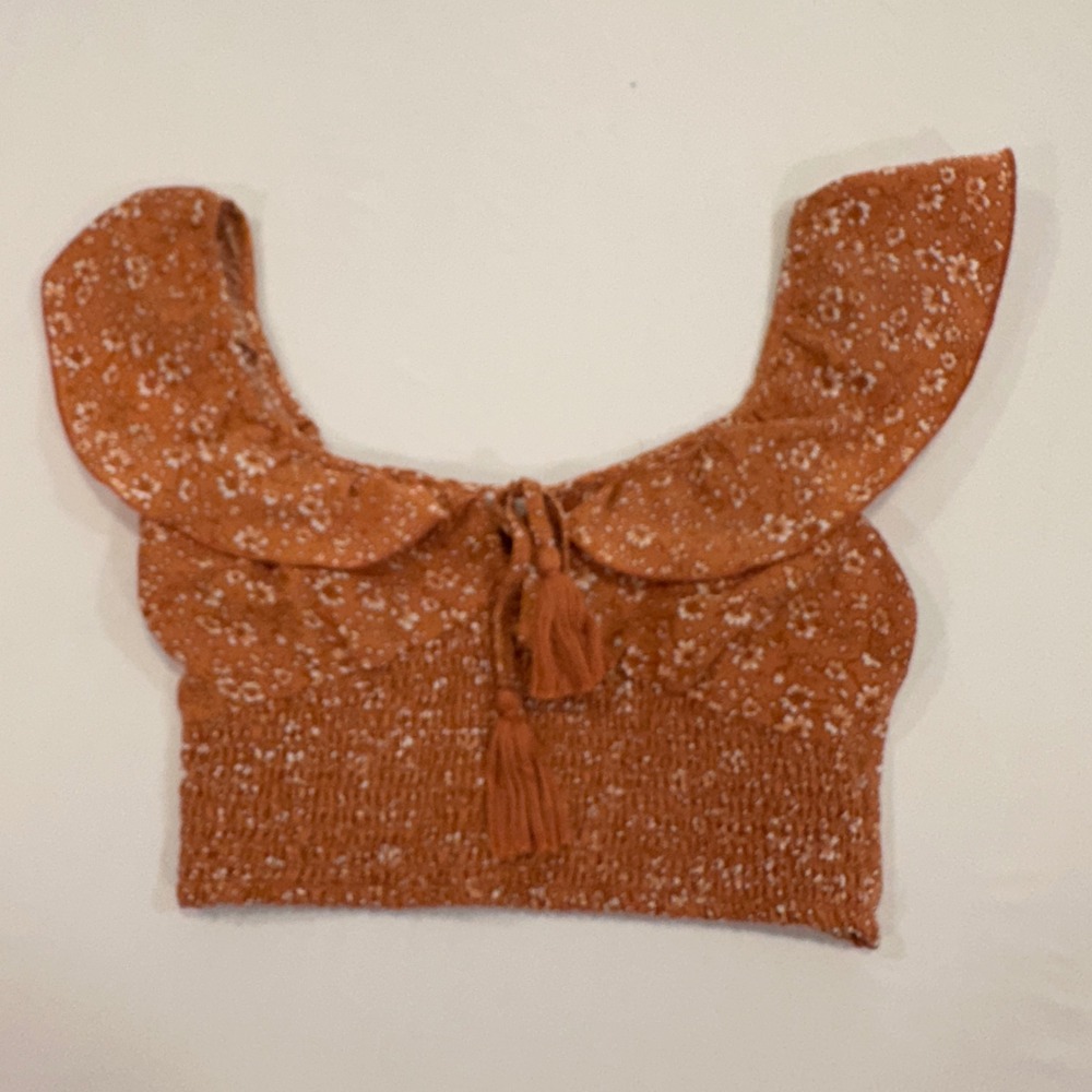 B·O·G Collective Floral Smocked Crop Top Womens Small Rust Ruffle Sleeve | Boho‎